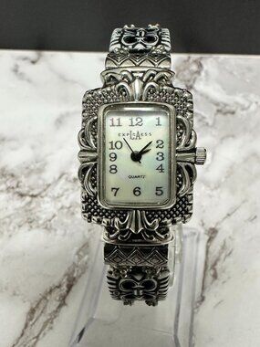 LA Express Watch Women Silver Tone MOP Dial Decorative Band New Battery 7.75"